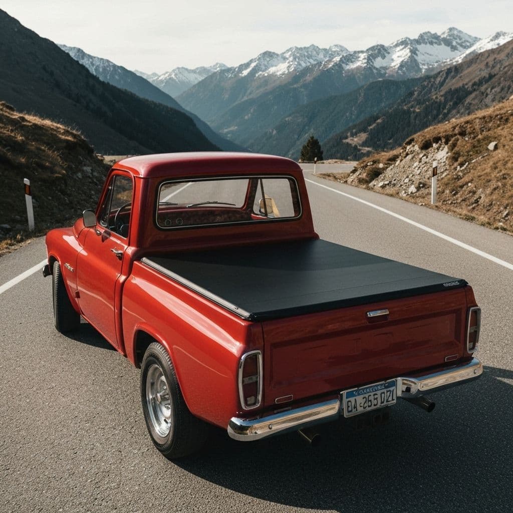 Pickup truck with TOBEKIN tonneau cover on mountain road